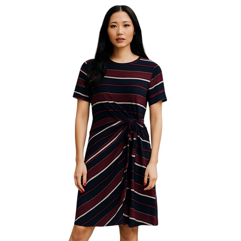 ANN TAYLOR STRIPED SHORT SLEEVE FAUX WRAP ROUND NECK PETITE CAREERWEAR DRESS MP